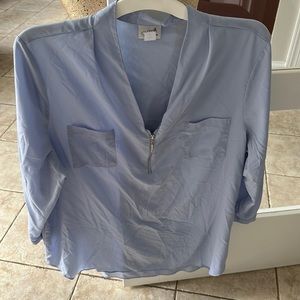 Light blue three quarter sleeve zipper blouse